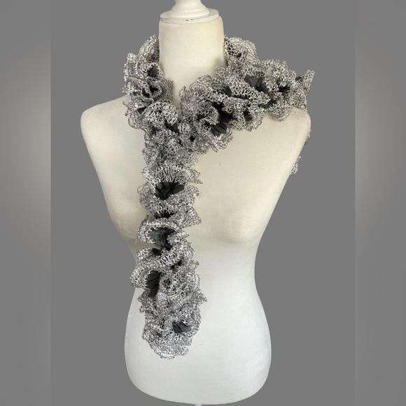 Women’s Beautifully Crafted Ruffle Scarf Lacy Mesh Design Boho White Dark Gray - Picture 3 of 10